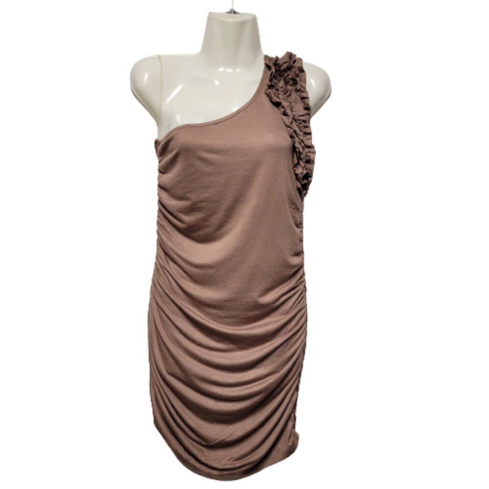 ONE Shoulder Body Con Brown Dress Mini Ruched Ruffle  Size L